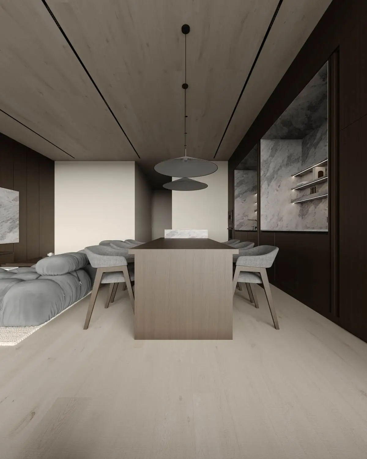 Dining table against marble shelves and an upholstered headboard