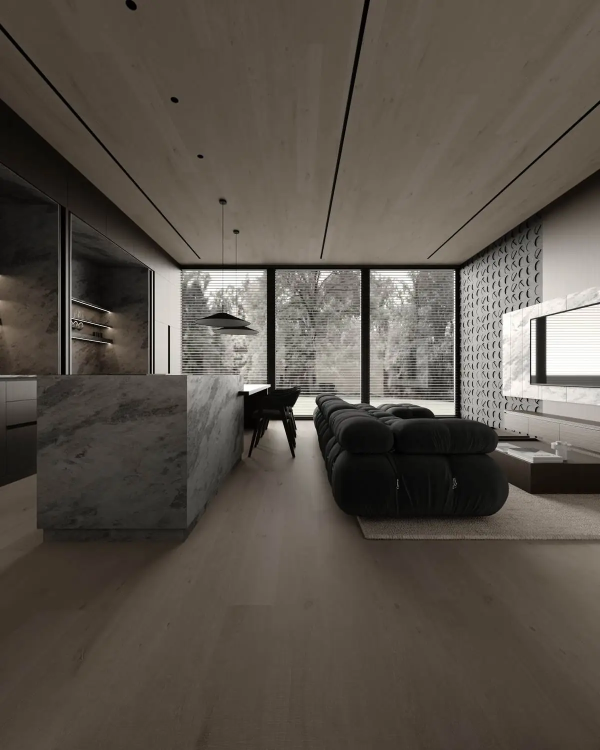 Full view of the living room: kitchen, dining, and lounge areas
