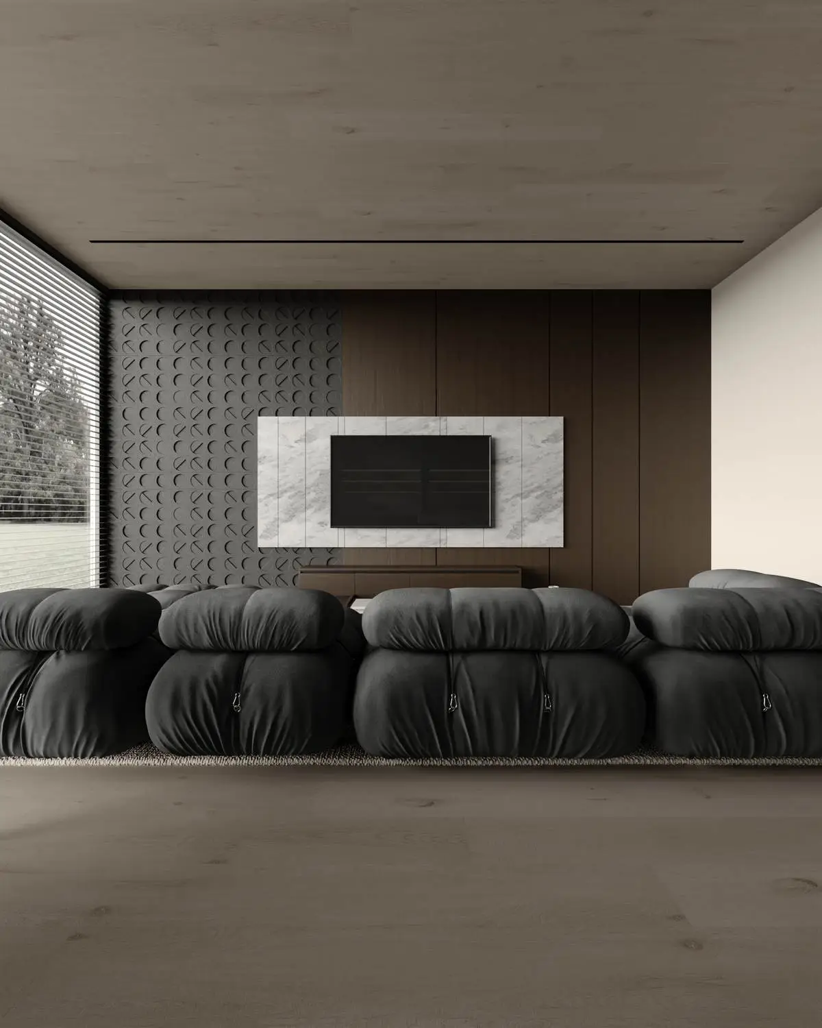 TV wall: dark wood and textured tile