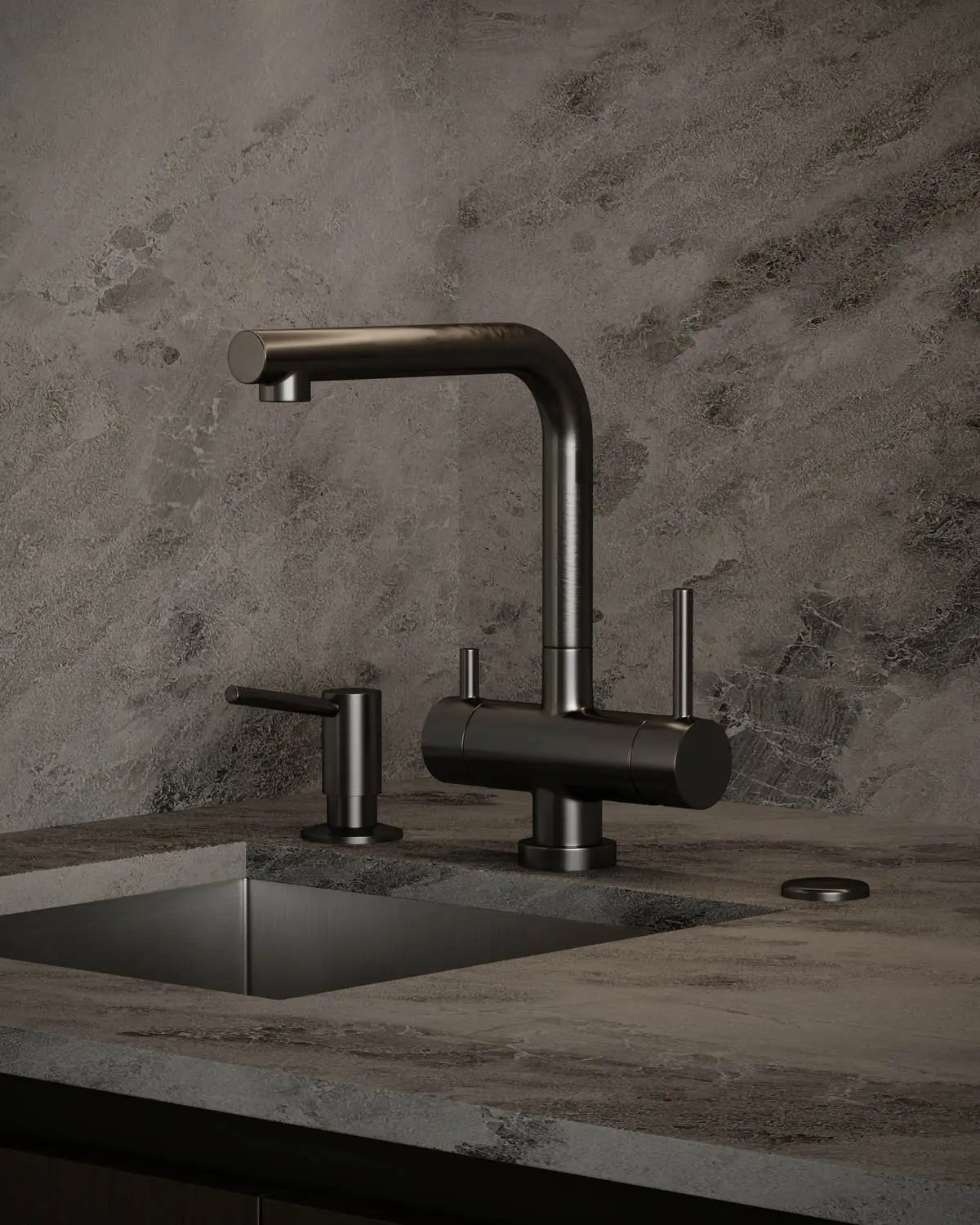 Faucet on the stone kitchen countertop