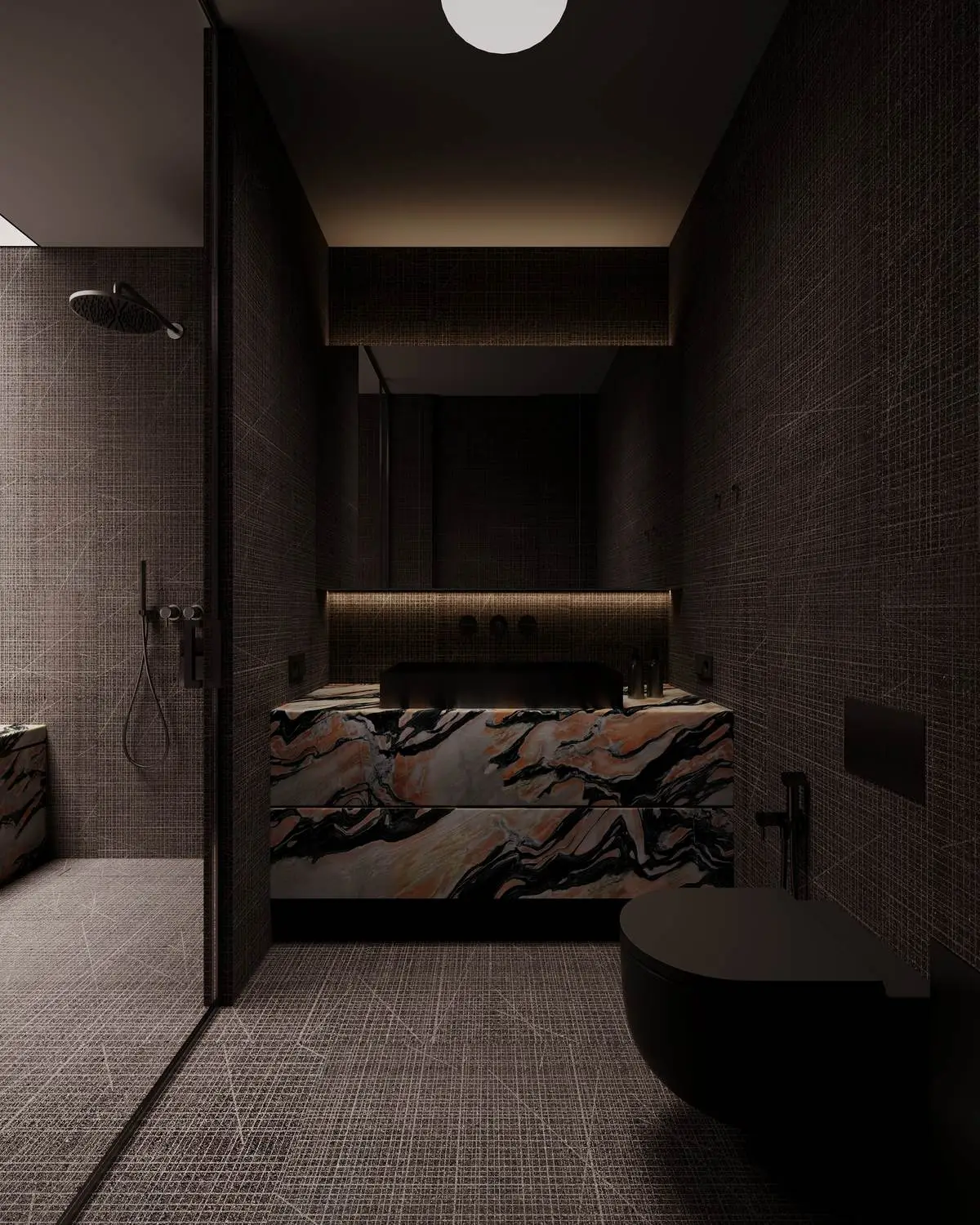 Bathroom: dark tile, mirror, and marble vanity