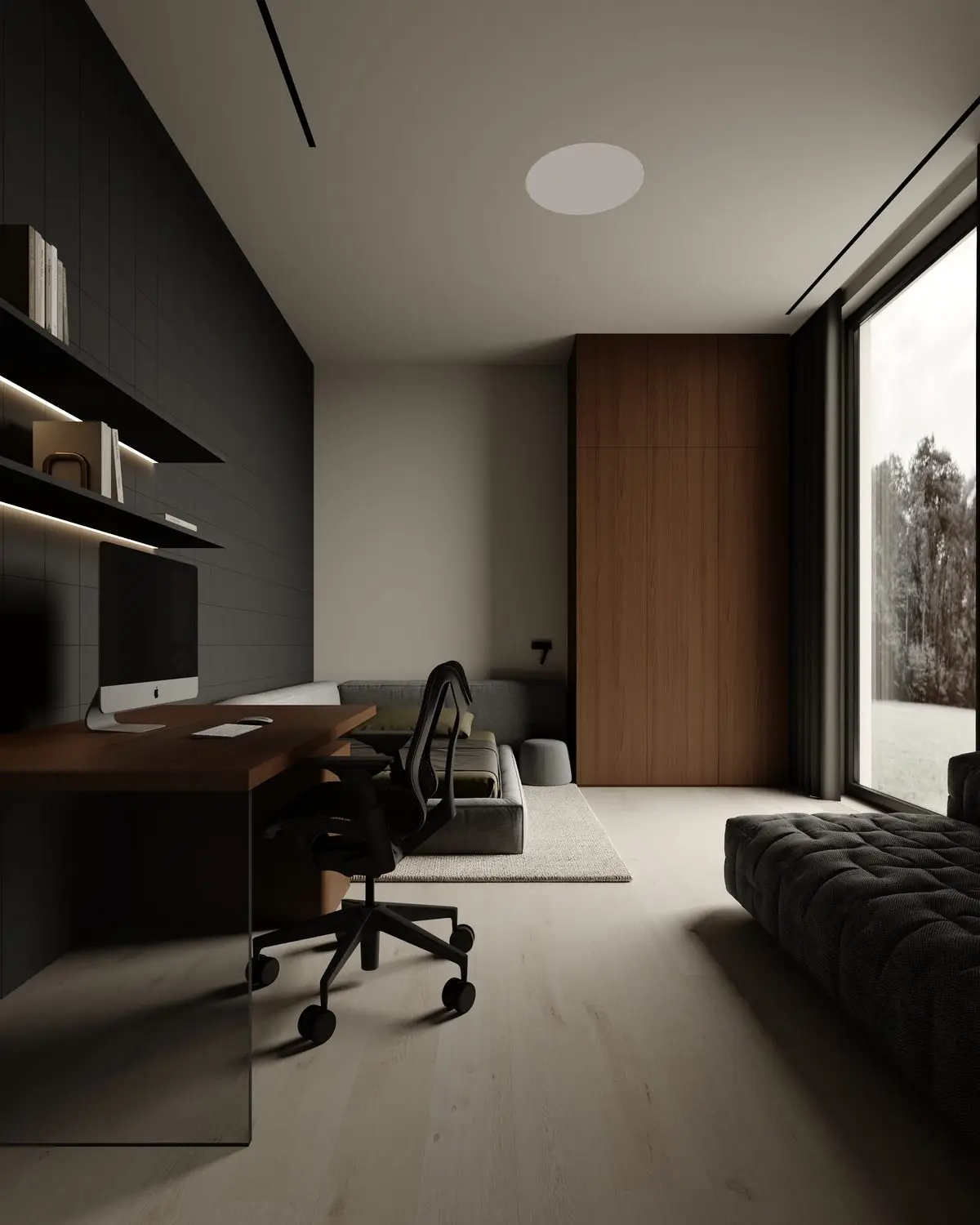 Kids' room: workspace, wooden wardrobe, and panoramic window