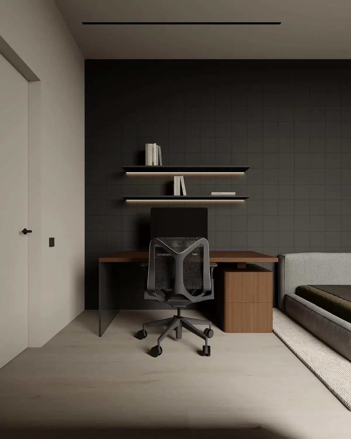 Desk against dark tile with backlit shelves