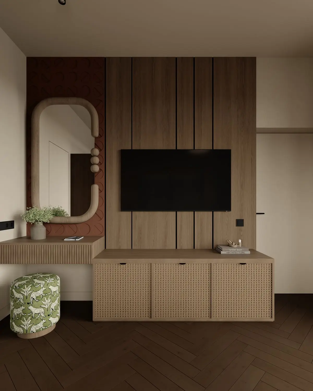 TV wall, textured terracotta panel, and a wood-framed mirror