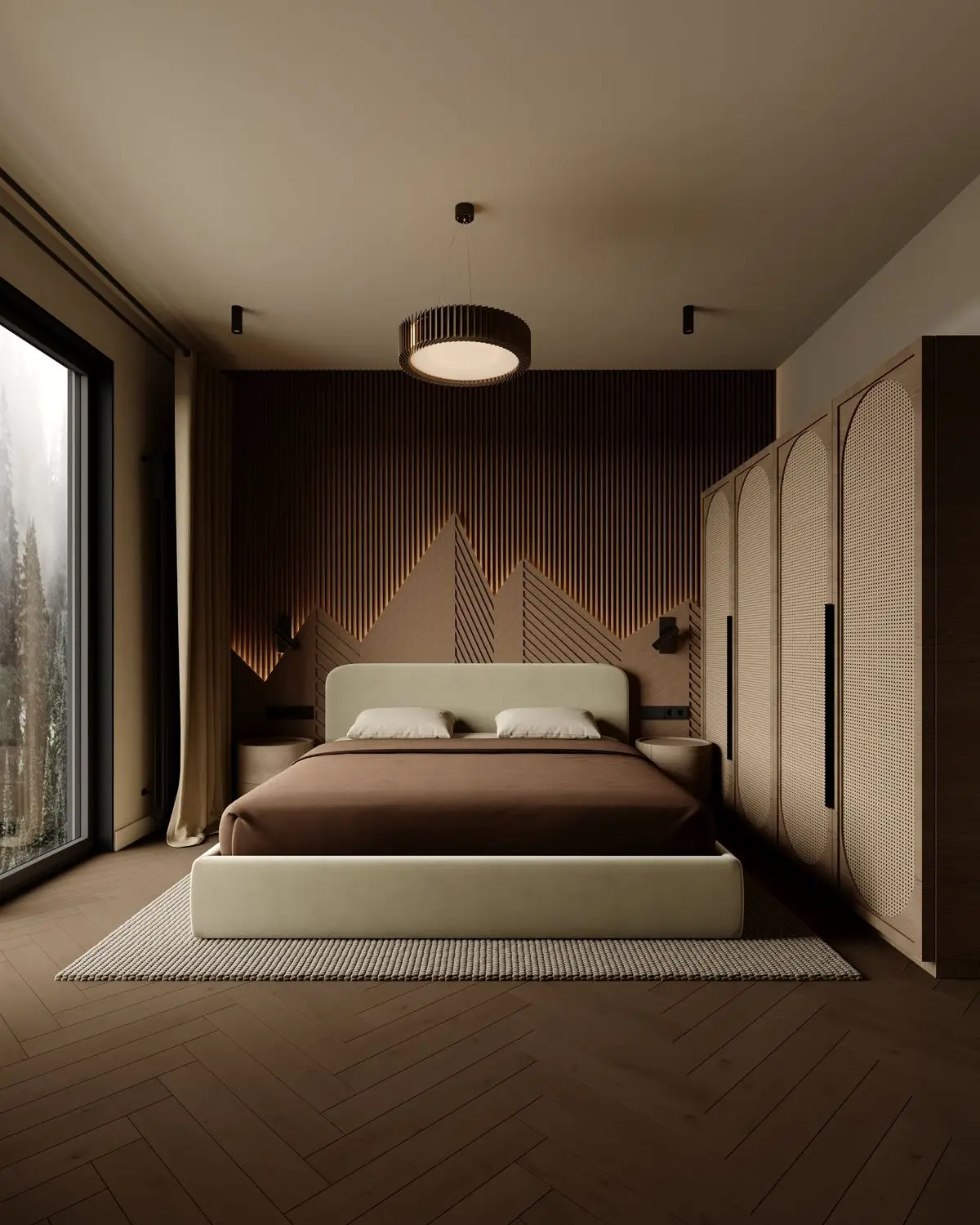 Double room: slatted wall with a mountain relief and soft lighting