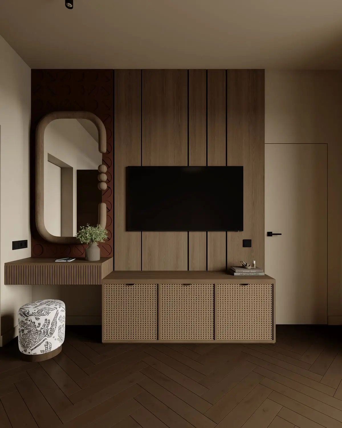 TV area with a dressing table and an ottoman