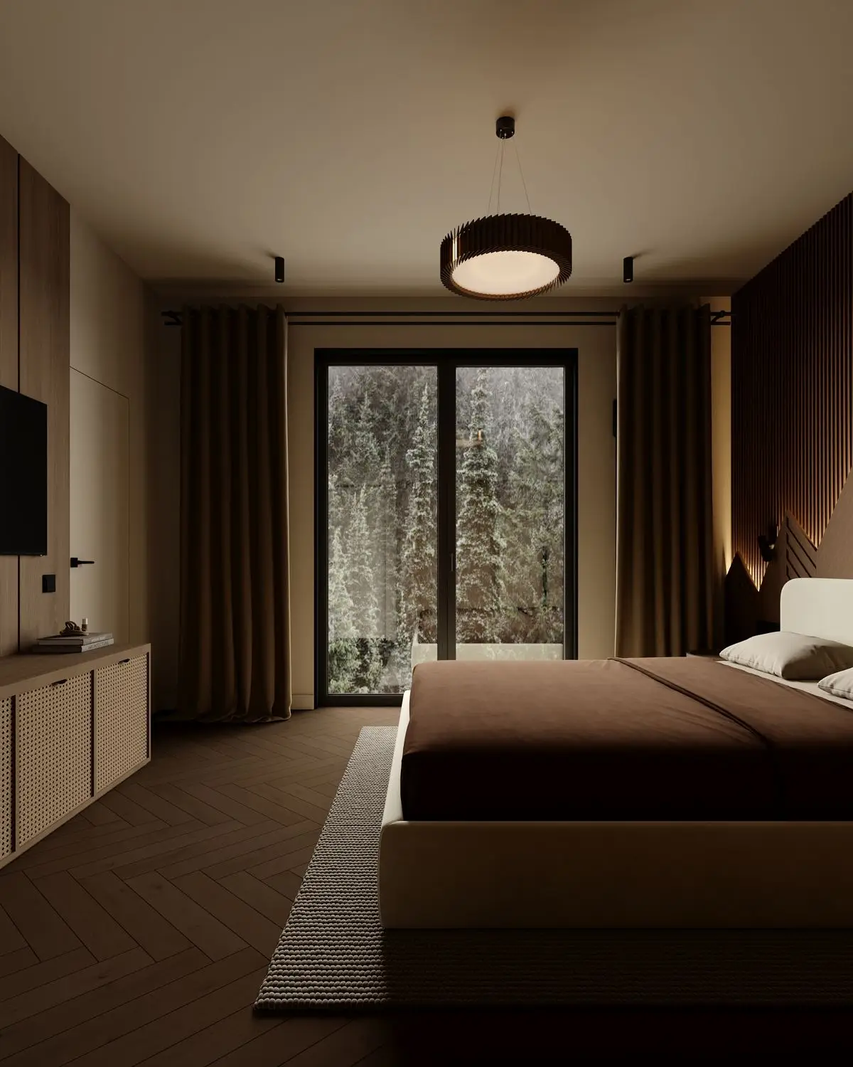 Double room: curtains, balcony door, and a rattan cabinet