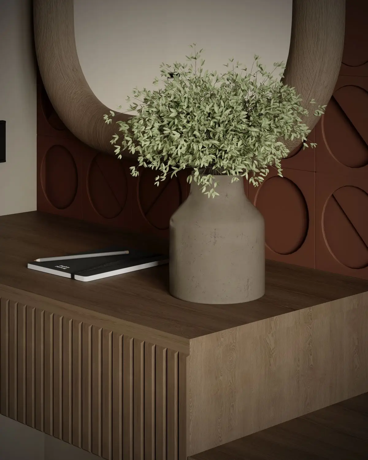 Detail: vase, notebook, and textured wall panel