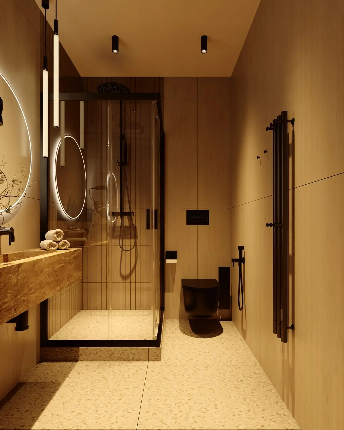 Bathroom: round mirror, shower, and terrazzo flooring