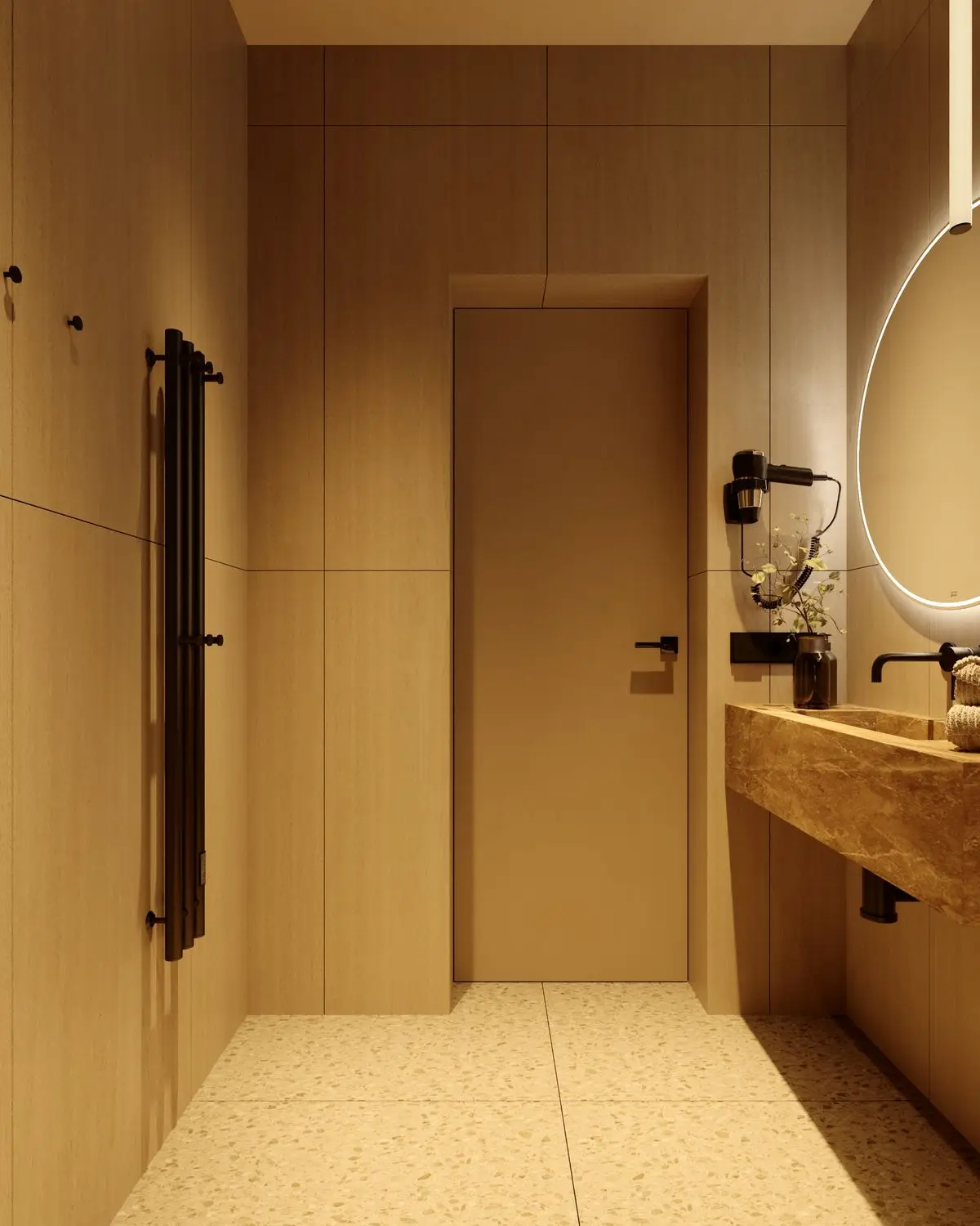 Bathroom: door, heated towel rail, and washbasin