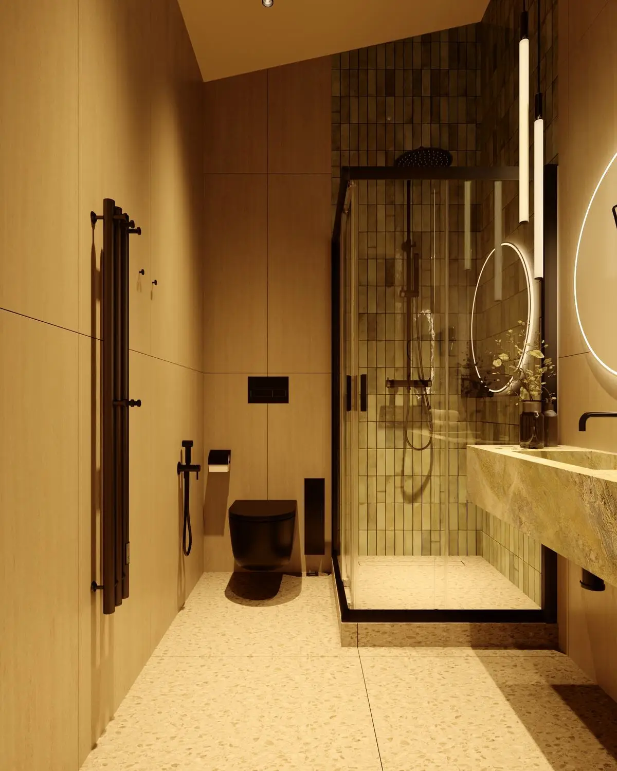 Bathroom: shower with olive tile and a stone sink