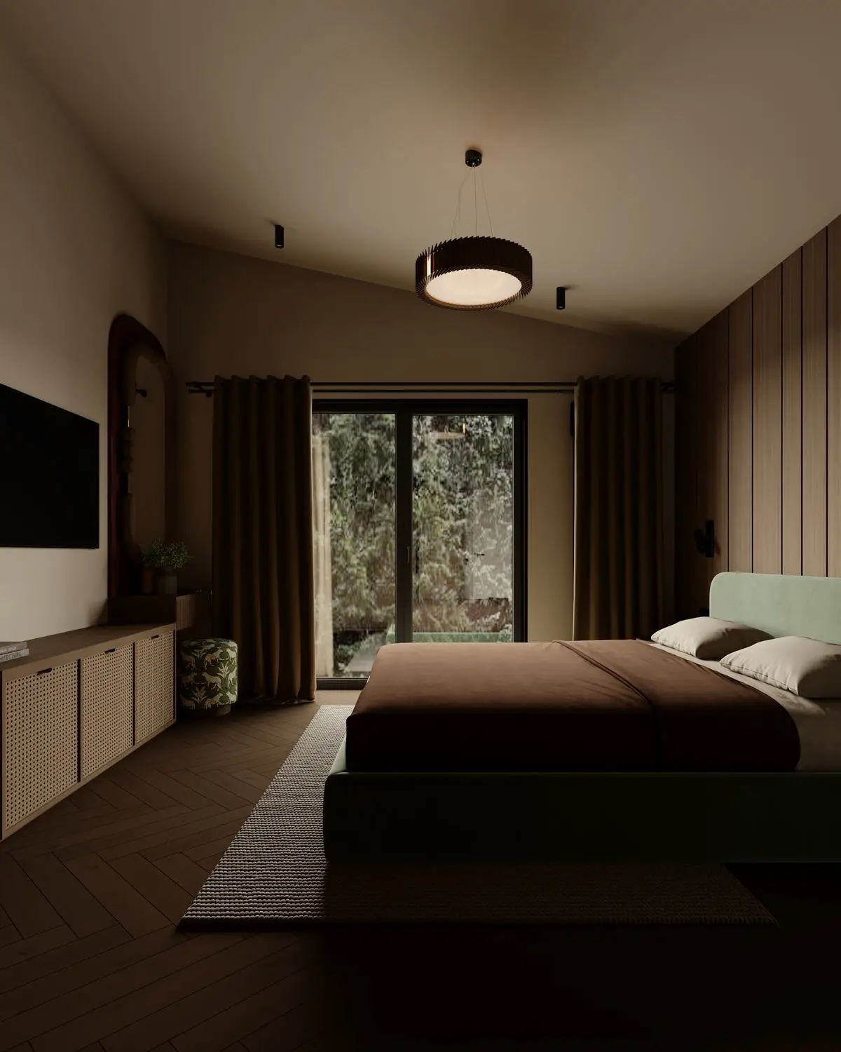 Room: balcony view, rattan cabinet, and mirror