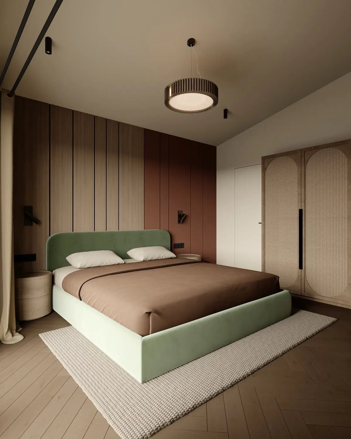 Moss-colored bed and wardrobes with arched rattan fronts
