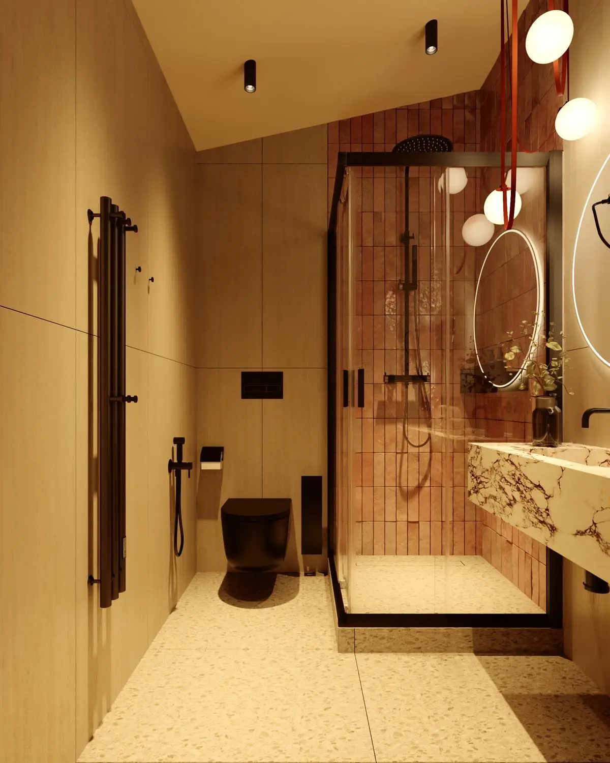 Bathroom: shower with terracotta tile and a marble sink