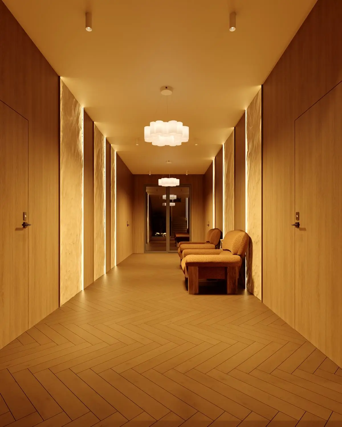 Rooms corridor: pendant light, armchairs, and a view of the staircase