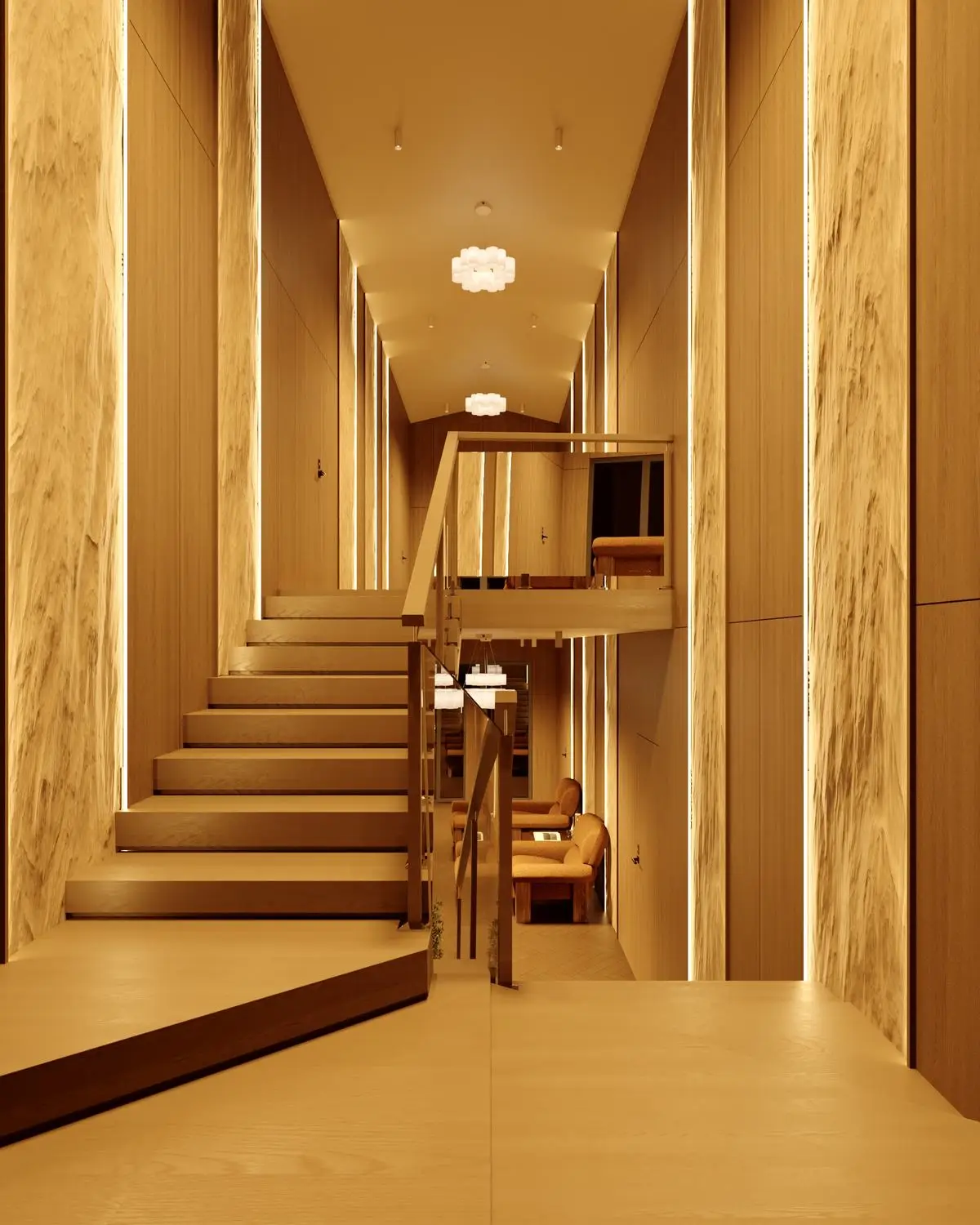 Stairwell lobby: staircase, glass railing, and a seating area below
